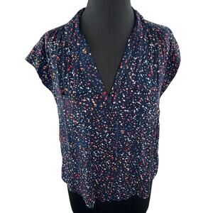 Anthropologie MAEVE Navy Confetti Print Cap Sleeve V-Neck Button-Down Size S